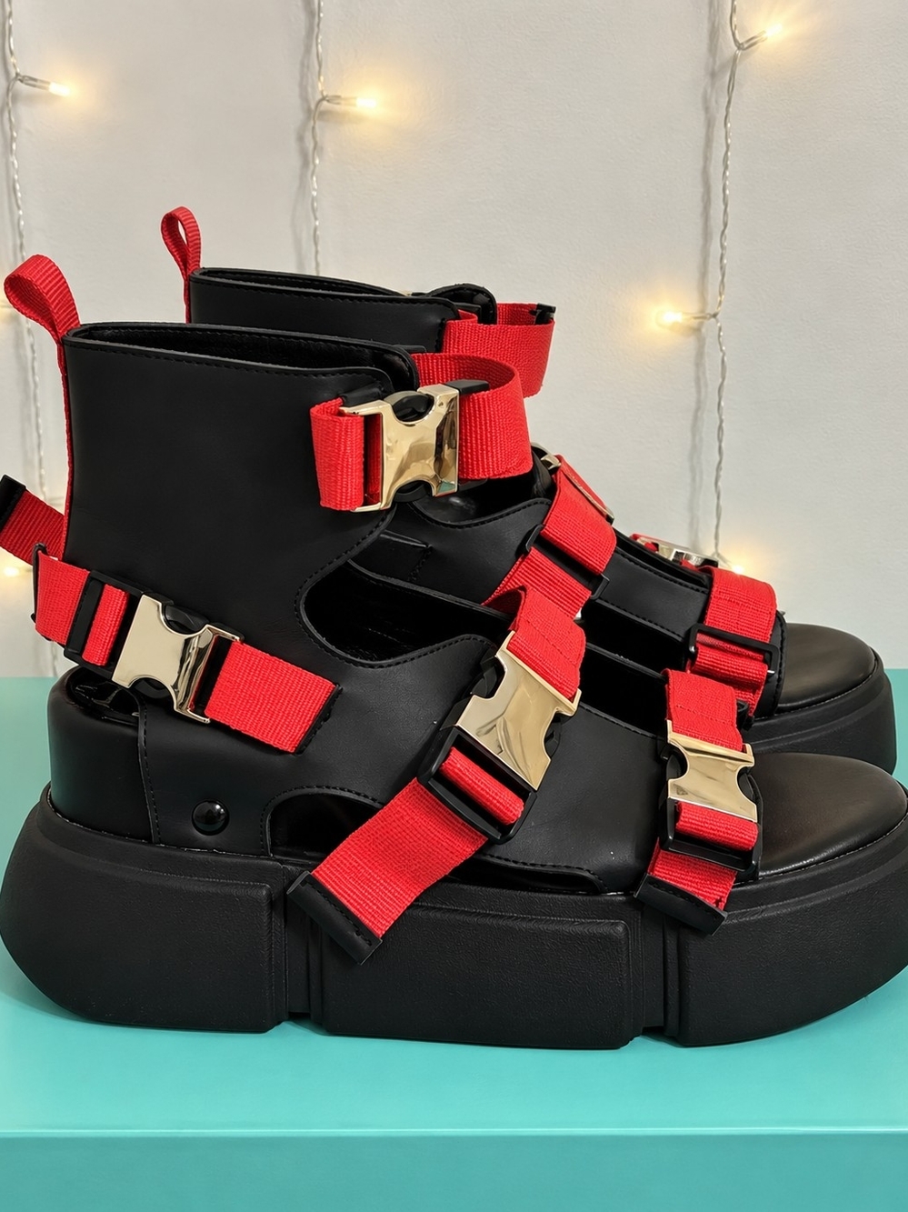 Anthony Wang Chunky Platform Buckle Sandals Black Red 6.5